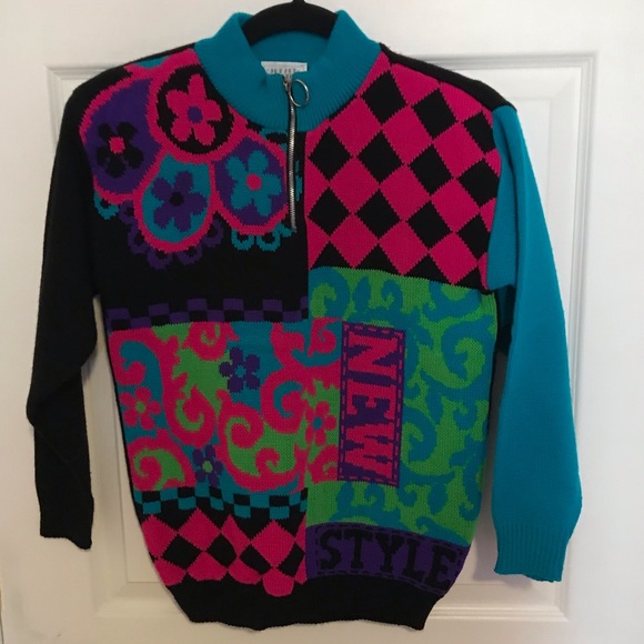 Vintage Other - Vintage GIRLS Neon Color Block Mix Pattern Cable Knit Chunky  3/4 Zip Sweater